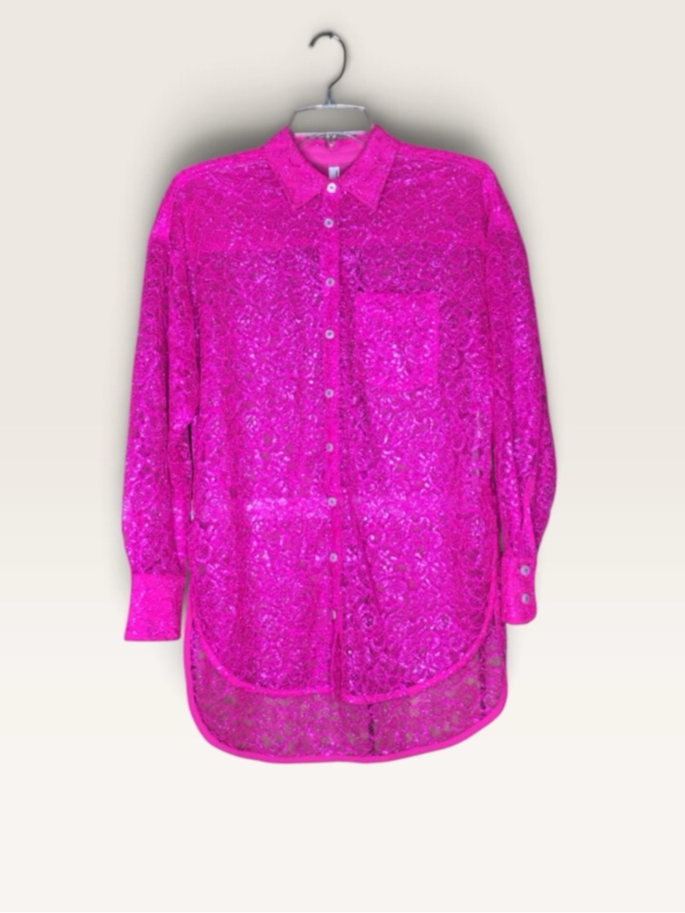 Anthropologie XXS Hot Pink Metallic Lace Button Front Tunic Blouse
